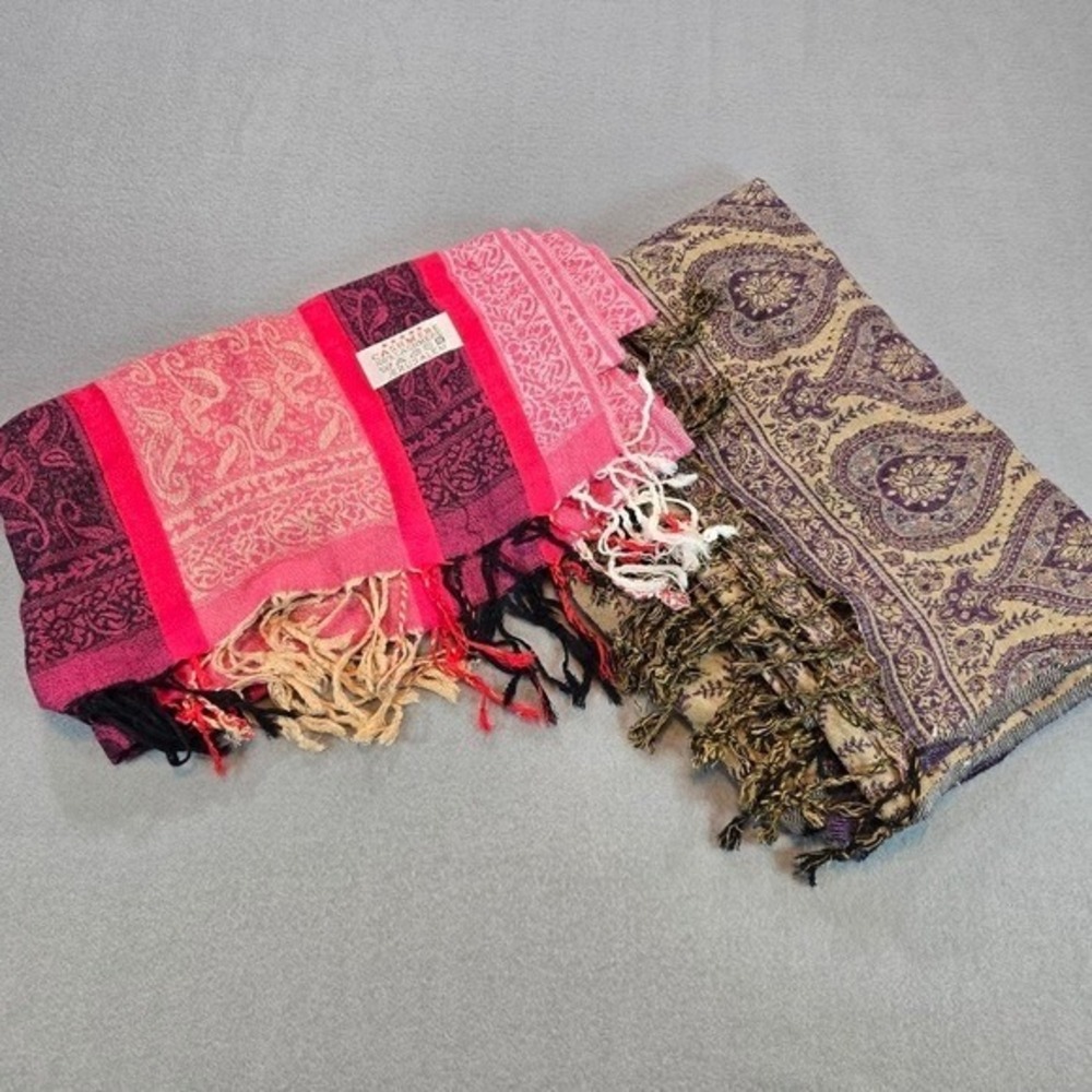 Jerusalem Scarf Set Women OS Pink Purple Gold Paisley Cashmere Pashmina Wrap 2pc